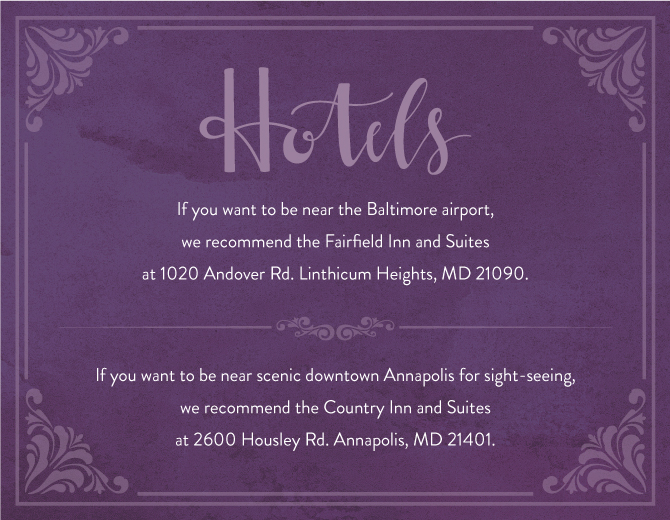 Custom wedding hotel information card with calligraphy by Kelly Chisum